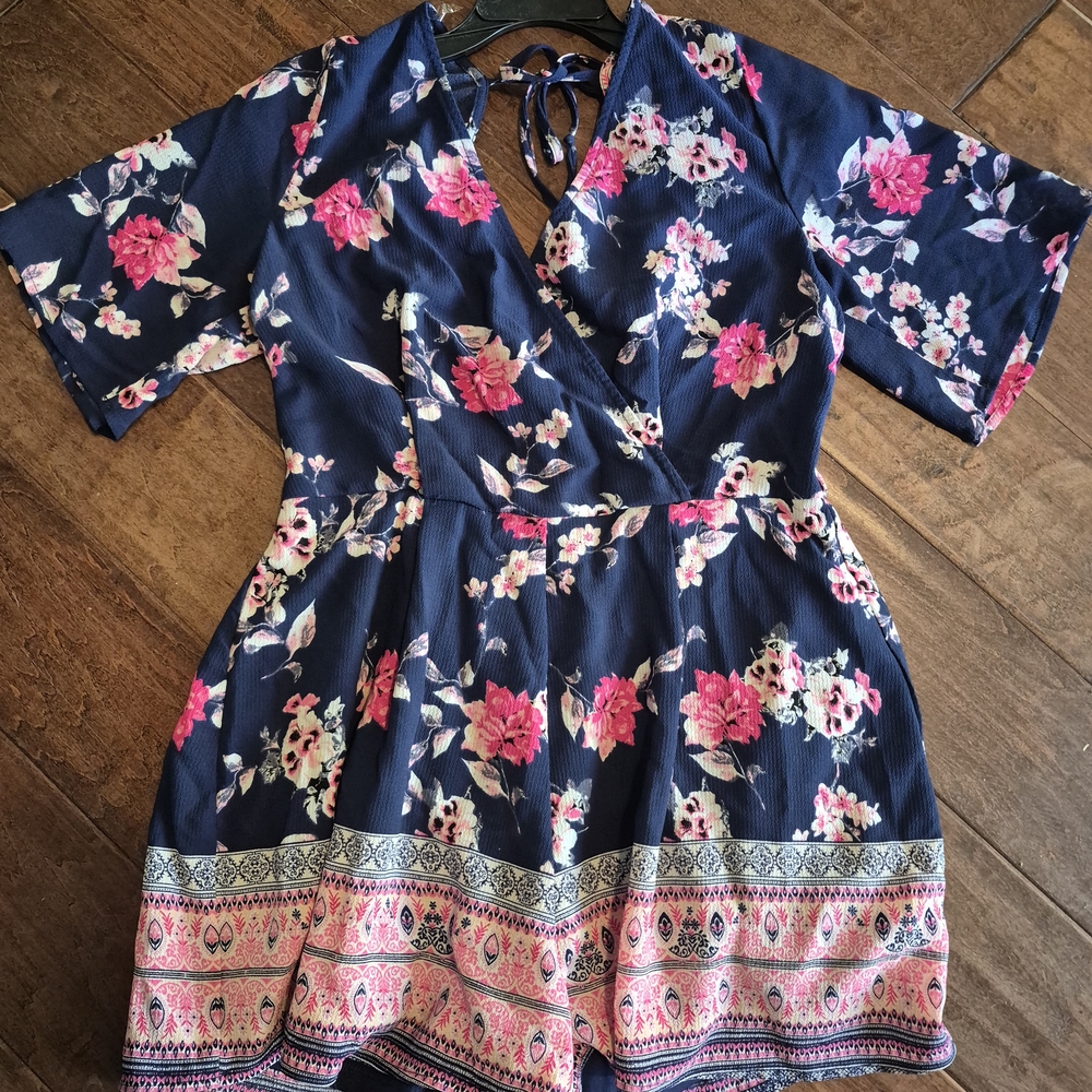 Navy Floral romper with Pink Accents